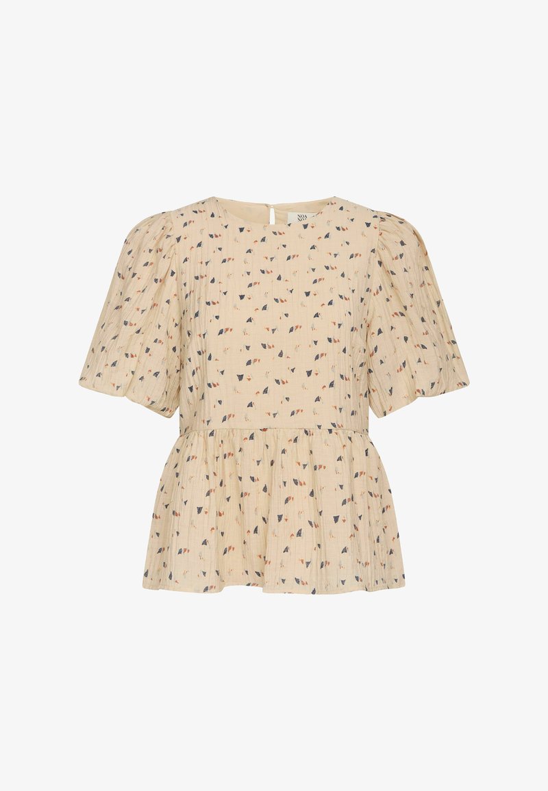 Béžowa bluzka peplum z bufiastymi rękawami, zdobiona drobnym wzorem liści w granatowym i rdzawym kolorze. Teksturowany materiał z wycięciem w kształcie klucza na plecach.