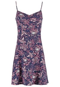 Mörkblå blommig klänning med tunna band, med en figurnära bodice och utsvängd kjol. Blommönster i rosa och vitt genom hela tyget.