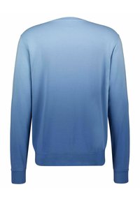 Modré gradientové triko s dlouhými rukávy, kulatým výstřihem a žebrovanými manžetami. Hladká textura, přecházející od světlé k tmavé modré.