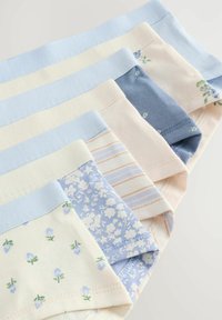 Set di sette mutandine in cotone con diversi motivi: fiori, righe e colori solidi in tonalità pastello di blu, crema e rosa.