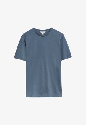 Blaues Baumwoll-T-Shirt mit kurzen Ärmeln, rundem Ausschnitt und glattem Stoff. Leicht, vielseitiges Design, geeignet für die Freizeit.