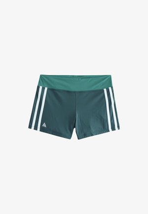 Donkerteal sportshorts met een brede, lichtere teal tailleband, witte verticale strepen aan de zijkanten en een klein driehoekig logo op het linkerbeen.