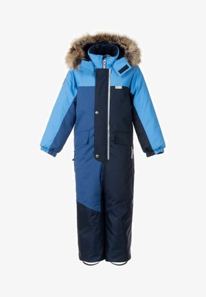 Niebieski i granatowy ocieplany kombinezon śnieżny z kapturem wykończonym futrem, z zamkiem błyskawicznym i zapięciami na zatrzaski, elastycznymi mankietami oraz kieszeniami na suwak z przodu.