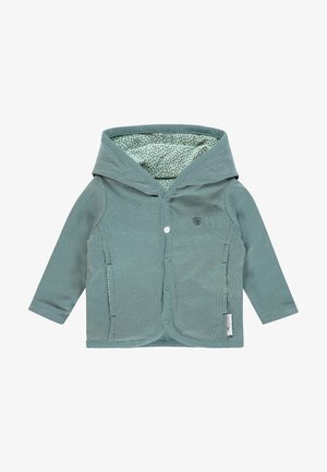 Giacca con cappuccio per bambino color turchese con bottoni a pressione, fodera interna a fantasia, tasche frontali e piccolo logo ricamato sul petto.