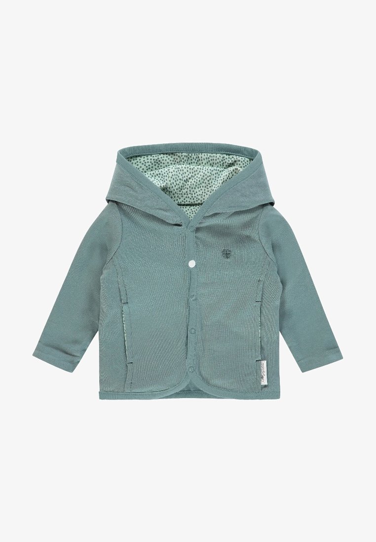 Veste à capuche pour bébé couleur sarcelle avec boutons-pression, doublure intérieure à motifs, poches avant et petit logo brodé sur la poitrine.