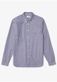 Blue and white striped long-sleeve shirt with a button-down collar and a small green logo on the chest. Cotton fabric, smooth texture.