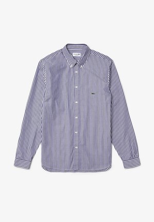 Camisa de manga larga a rayas azul y blanca con cuello abotonado y un pequeño logo verde en el pecho. Tejido de algodón, textura suave.