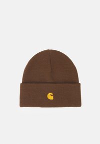 Bruine gebreide beanie met een omgeslagen rand, voorzien van een geel logo aan de voorkant. Zachte textuur en een snug fit voor warmte.