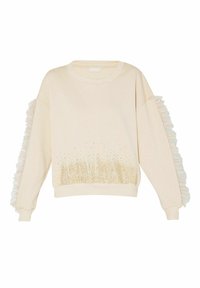 Sudadera de manga larga color beige claro con tul fruncido en las mangas y adornos de lentejuelas doradas en la sección inferior frontal.