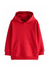 Rote Kapuzenjacke aus weichem Stoff. Verfügt über eine große Fronttasche, gerippte Bündchen und eine lässige Passform. Glatte Textur im gesamten Kleidungsstück.
