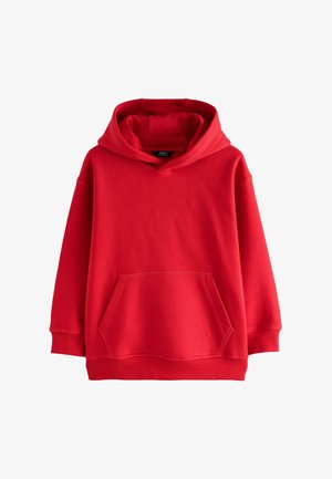 Sweatshirt à capuche rouge en tissu doux. Dispose d'une grande poche frontale, de poignets côtelés et d'une coupe décontractée. Texture lisse sur l'ensemble.