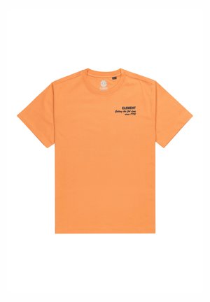 Short-sleeve t-shirt in bright orange cotton, featuring black print of "ELEMENT" and text "Getting the Job Done since 1992" on the front.