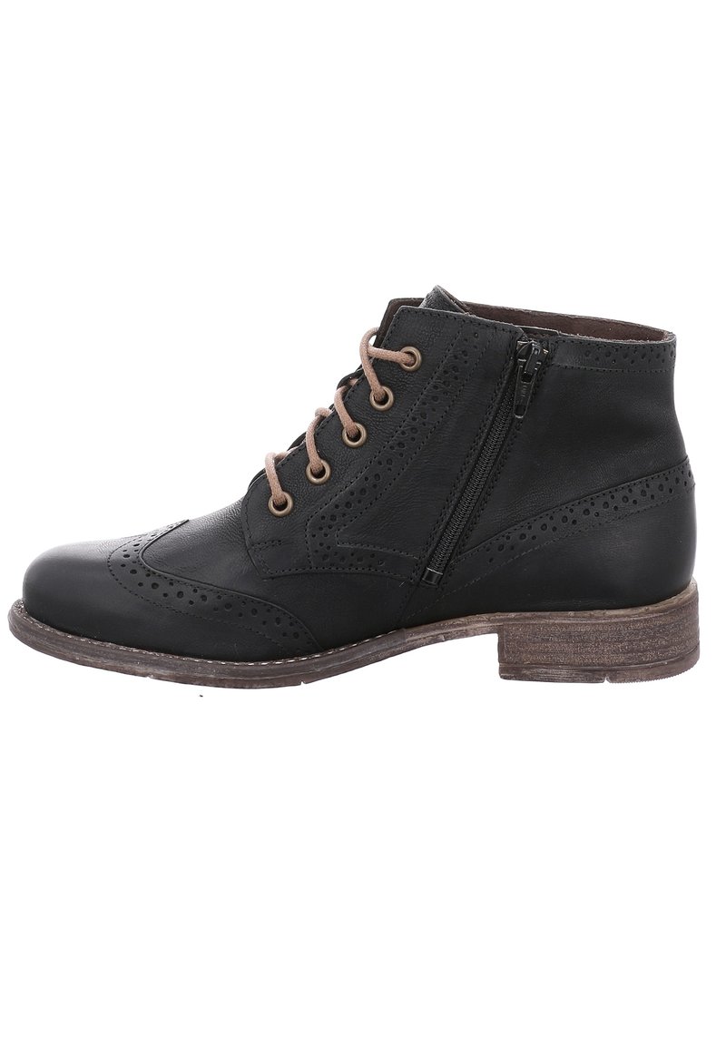 Schwarze Lederknöchelstiefel mit Broguedetails, Schnürung vorne, seitlichem Reißverschluss, strukturiertem Obermaterial und einem braunen holzähnlichen Absatz.