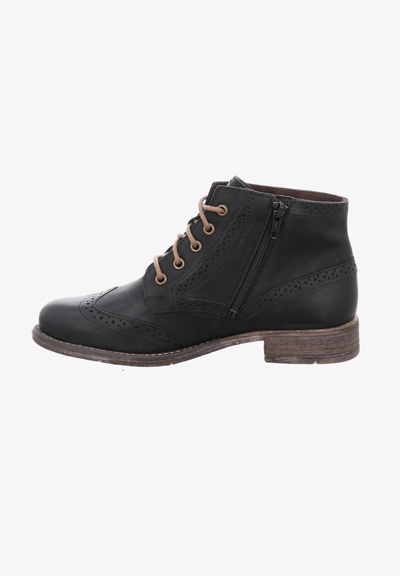 Schwarze Lederknöchelstiefel mit Broguedetails, Schnürung vorne, seitlichem Reißverschluss, strukturiertem Obermaterial und einem braunen holzähnlichen Absatz.