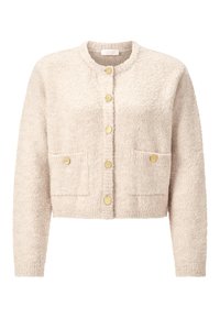 Beige, verkürzter Cardigan aus strukturiertem Stoff, mit rundem Kragen, vorderen Knöpfen und zwei aufgesetzten Taschen mit goldenen Akzenten.