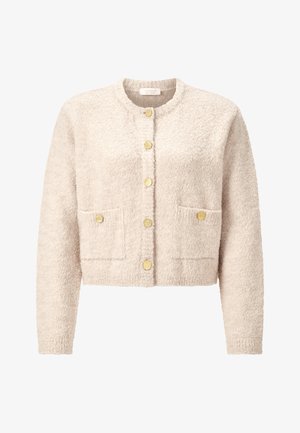 Beige, cropped cardigan lavet af struktureret stof, med rund hals, frontknapper og to påsyede lommer med guldkant.