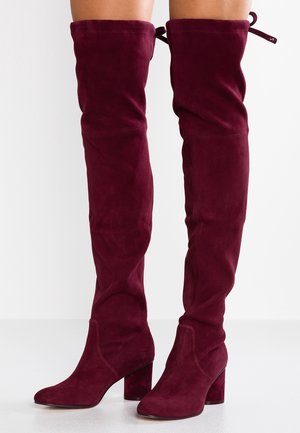 Burgunderfarbene Überknie-Stiefel aus weichem Wildleder mit einem Blockabsatz, runder Zehenform und einer Schnürung am oberen Ende.