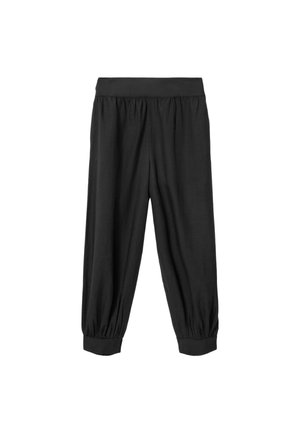 Black loose-fit pants with gathered elastic waistband and cuffs, designed for casual or athletic wear.