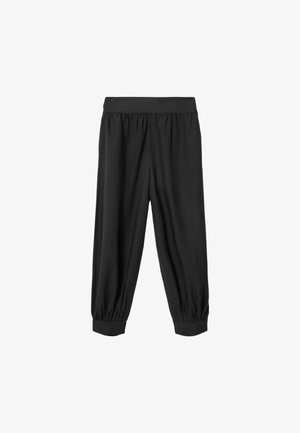 Black loose-fit pants with gathered elastic waistband and cuffs, designed for casual or athletic wear.