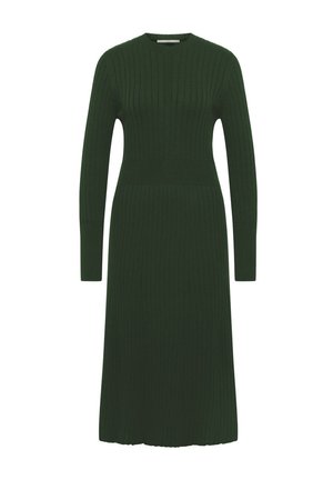 Dark green ribbed knit midi dress with long sleeves, fitted waist, and crew neckline.