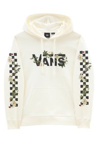 Kremowa bluza z kapturem z czarnym logo "VANS", z kwiatowymi wzorami na rękawach, w kratkę oraz z kieszenią na przodzie. Materiał z mieszanki bawełny.