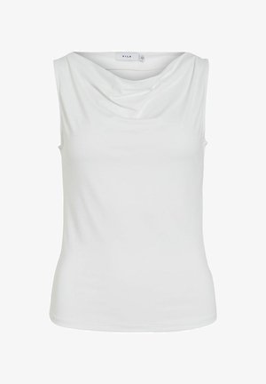 Haut blanc sans manches avec encolure drapée et silhouette ajustée, étiquette « VILA » sur le col intérieur.