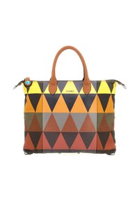 Borsa rettangolare con manici in pelle marrone e un motivo geometrico colorato di triangoli gialli, arancioni, grigi e neri.