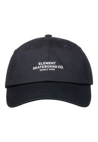 Sort baseball cap lavet af stof, med hvidt logotekst "ELEMENT SKATEBOARD CO. WORLD WIDE" centreret på fronten. Bueformet skygge.