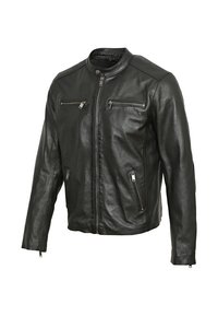 Černá kožená bunda s přiléhavým střihem, vysokým límcem a zipovými kapsami na hrudi a po stranách. Hladká textura s elegantním povrchem.