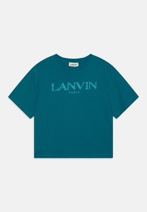 Teal katoenen T-shirt met korte mouwen, ronde halslijn en een geprinte "LANVIN PARIS" logo in een contrasterende kleur over de borst.