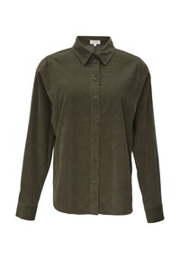 Chemise en velours côtelé vert olive avec un col, fermeture à boutons à l'avant et manches longues. Présente un tissu texturé et un ourlet droit.