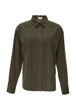 Olijfgroen corduroy shirt met een kraaghals, een voorknopsluiting en lange mouwen. Beschikt over een textuurstof en een rechte zoom.