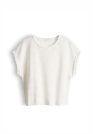 Weißes, kurzärmeliges, strukturiertes Strickoberteil mit rundem Ausschnitt und lockerem Sitz, vor einem schlichten weißen Hintergrund präsentiert.