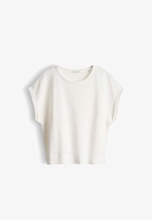 Weißes, kurzärmeliges, strukturiertes Strickoberteil mit rundem Ausschnitt und lockerem Sitz, vor einem schlichten weißen Hintergrund präsentiert.