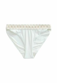 Vita bikiniunderdelar med en strukturerad beige midja, med en slät yta och klassisk skärning. Perfekt för strand- eller poolbruk.