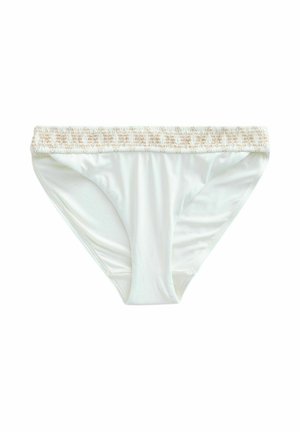 Witte bikini onderkant met een gestructureerde beige tailleband, met een gladde afwerking en klassieke snit. Ideaal voor strand- of zwembadgebruik.