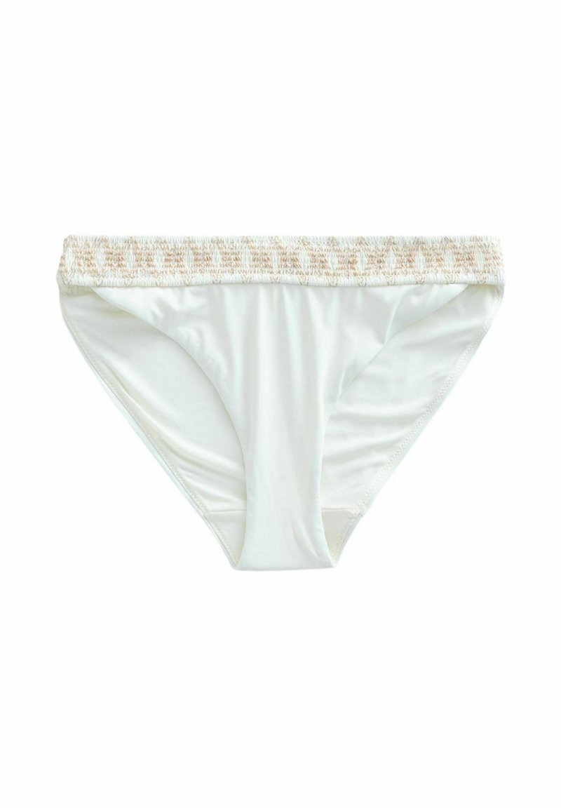 Vita bikiniunderdelar med en strukturerad beige midja, med en slät yta och klassisk skärning. Perfekt för strand- eller poolbruk.