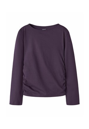 Chemise à manches longues violet foncé avec encolure ronde et léger froncé sur le côté, présentée sur un fond blanc uni.