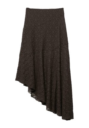 Jupe en dentelle noire avec ourlet asymétrique, design évasé et motif floral texturé.