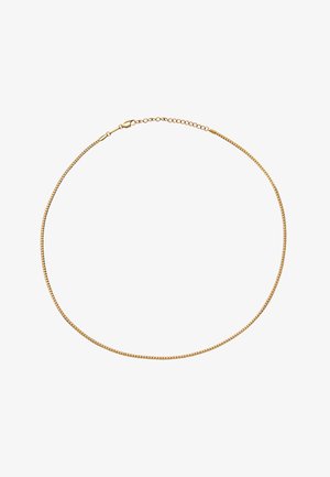 Collar de cadena dorada con un diseño liso y delgado, que cuenta con un cierre de langosta y longitud ajustable para un ajuste personalizable.