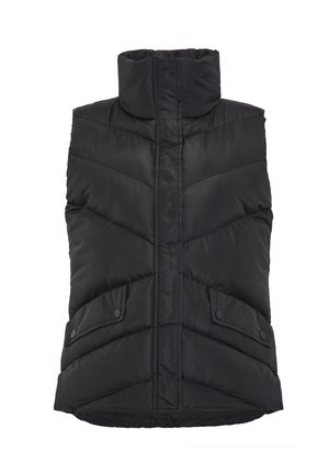 Schwarze Steppweste mit hohem Kragen, ausgestattet mit einem Zickzack-gequilteten Design, vorderen Knöpftaschen und einer glatten Textur.