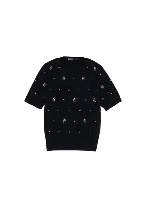 Czarny sweter dzianinowy z krótkim rękawem, ozdobiony zielonymi i srebrnymi wzorami koralikowymi, z okrągłym dekoltem i teksturowanym materiałem.