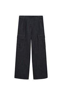 Pantalon cargo noir à jambes larges avec grandes poches latérales et surpiqûres visibles à l’avant et à la taille.