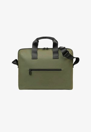 Borsa per laptop rettangolare verde oliva con manici neri, tracolla staccabile e tasca frontale con cerniera su sfondo bianco.