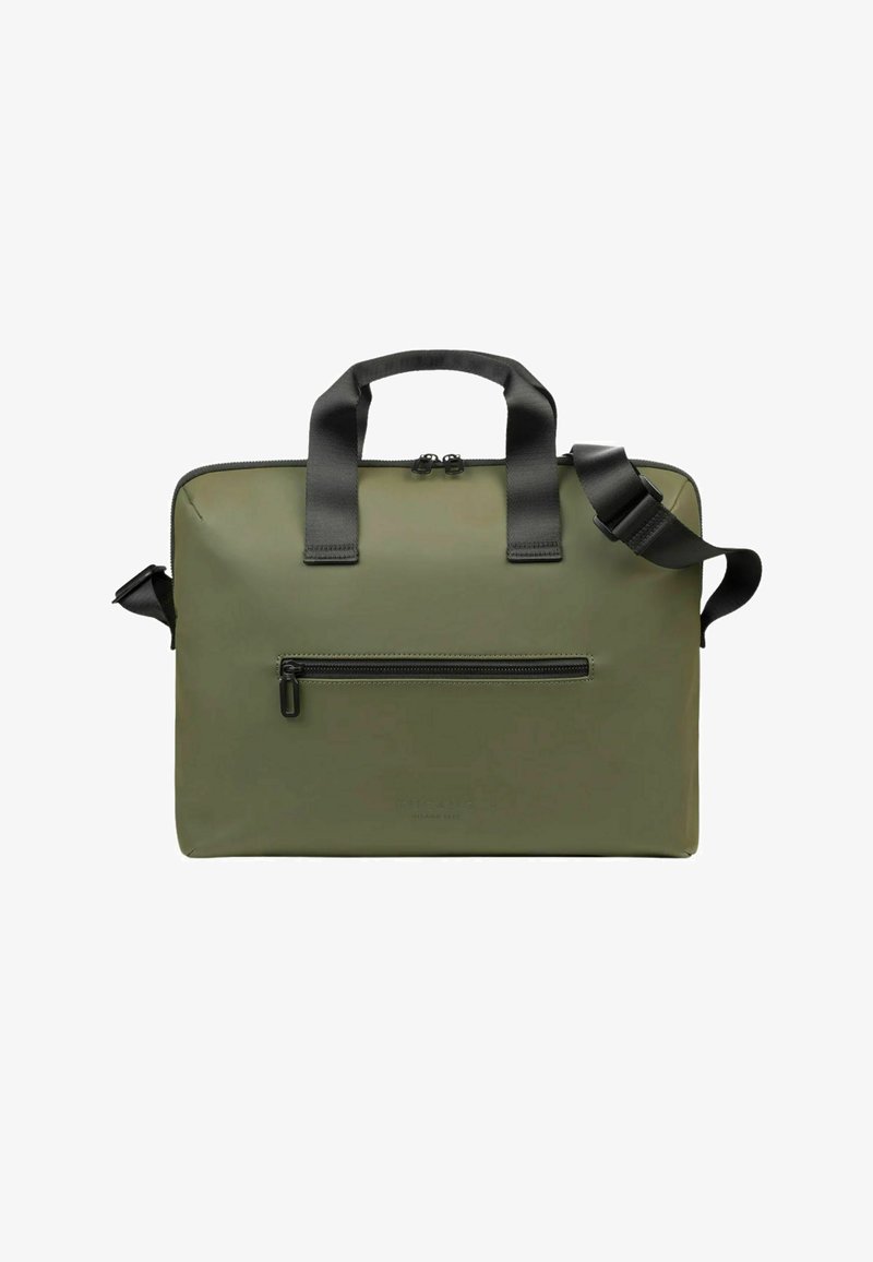 Borsa per laptop rettangolare verde oliva con manici neri, tracolla staccabile e tasca frontale con cerniera su sfondo bianco.