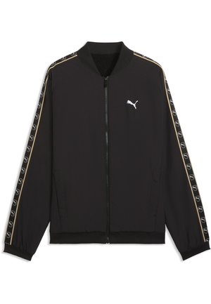 Schwarze Jacke mit Reißverschluss und weißem Puma-Logo auf der Brust, schwarzen Bündchen und logobesetzten Streifen mit goldfarbenem Rand an den Ärmeln.