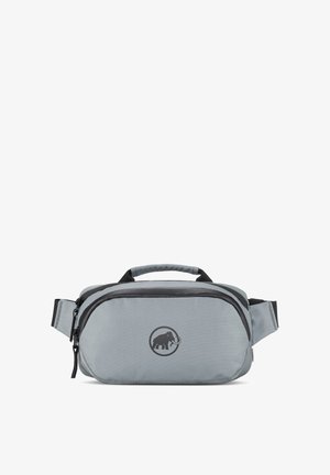 Jasnoszara nerka z czarnym zamkiem błyskawicznym, uchwytem i regulowanymi paskami, z czarnym logo mamuta na środku froncie.