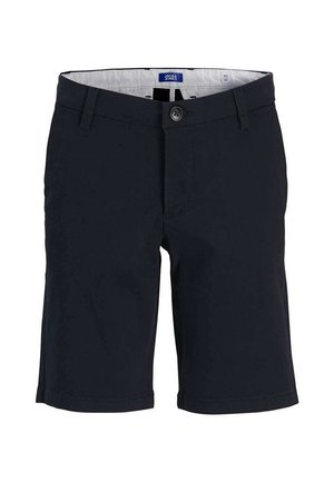 Shorts décontractés pour hommes bleu marine avec fermeture bouton et zip, passants de ceinture et étiquette intérieure visible à la taille.