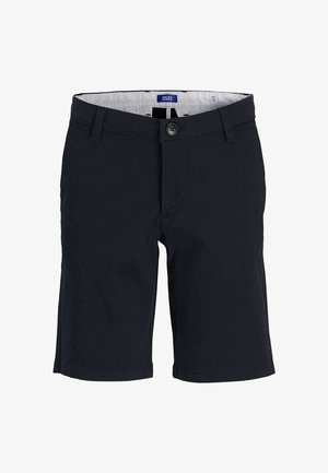 Shorts décontractés pour hommes bleu marine avec fermeture bouton et zip, passants de ceinture et étiquette intérieure visible à la taille.