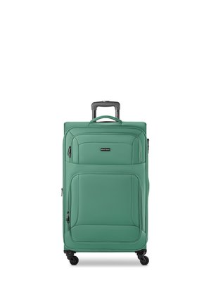 Maleta blanda verde con cuatro ruedas giratorias, asa telescópica, bolsillos delanteros con cremallera y asa de transporte.